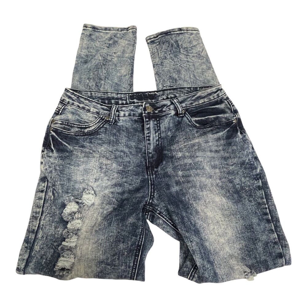 REVOLT Acid Wash Jeans Distressed Ripped Blue Stretch Denim